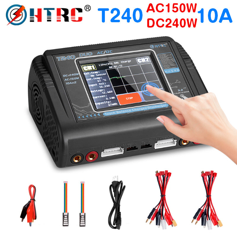 HTRC Lipo Charger T240 DUO AC 150W DC 240W 10A Touch Screen Dual Channel Battery Balance Charger Discharger For RC Toys