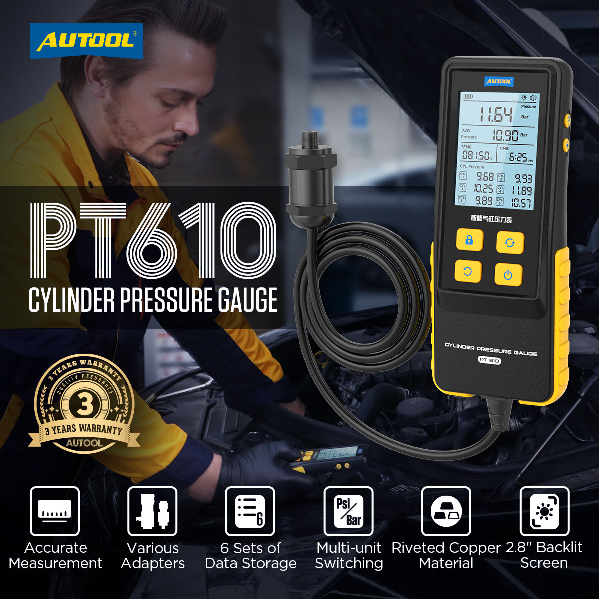 AUTOOL  Factory PT610 Intelligent Cylinder Pressure Gauge Cylinder Tester Auto Test Tool