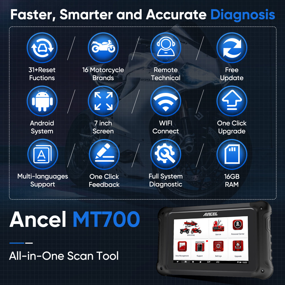 ANCEL MT700 Motorcycle Scan All System Diagnostic Tool Oil Rest ABS Bleeding 31 Reset Functions Motorcycle Scan Tool