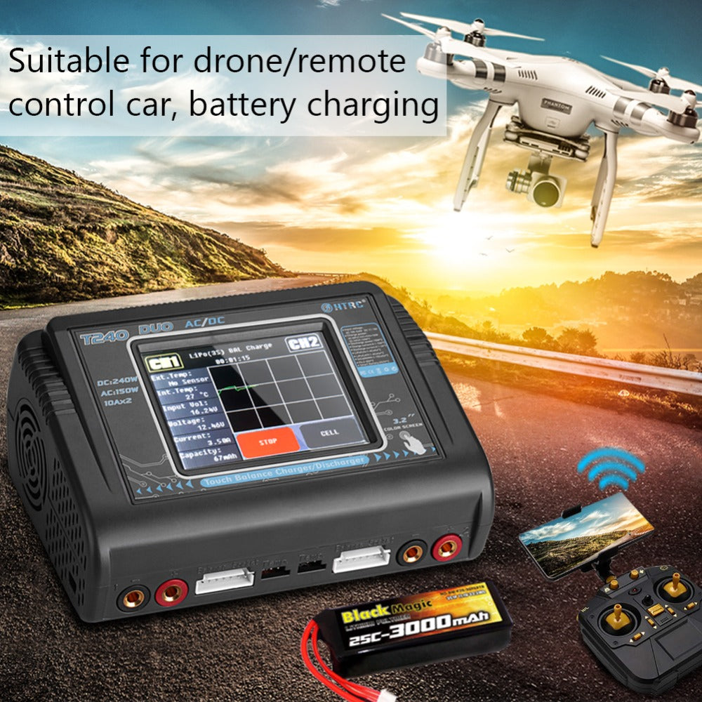 HTRC Lipo Charger T240 DUO AC 150W DC 240W 10A Touch Screen Dual Channel Battery Balance Charger Discharger For RC Toys