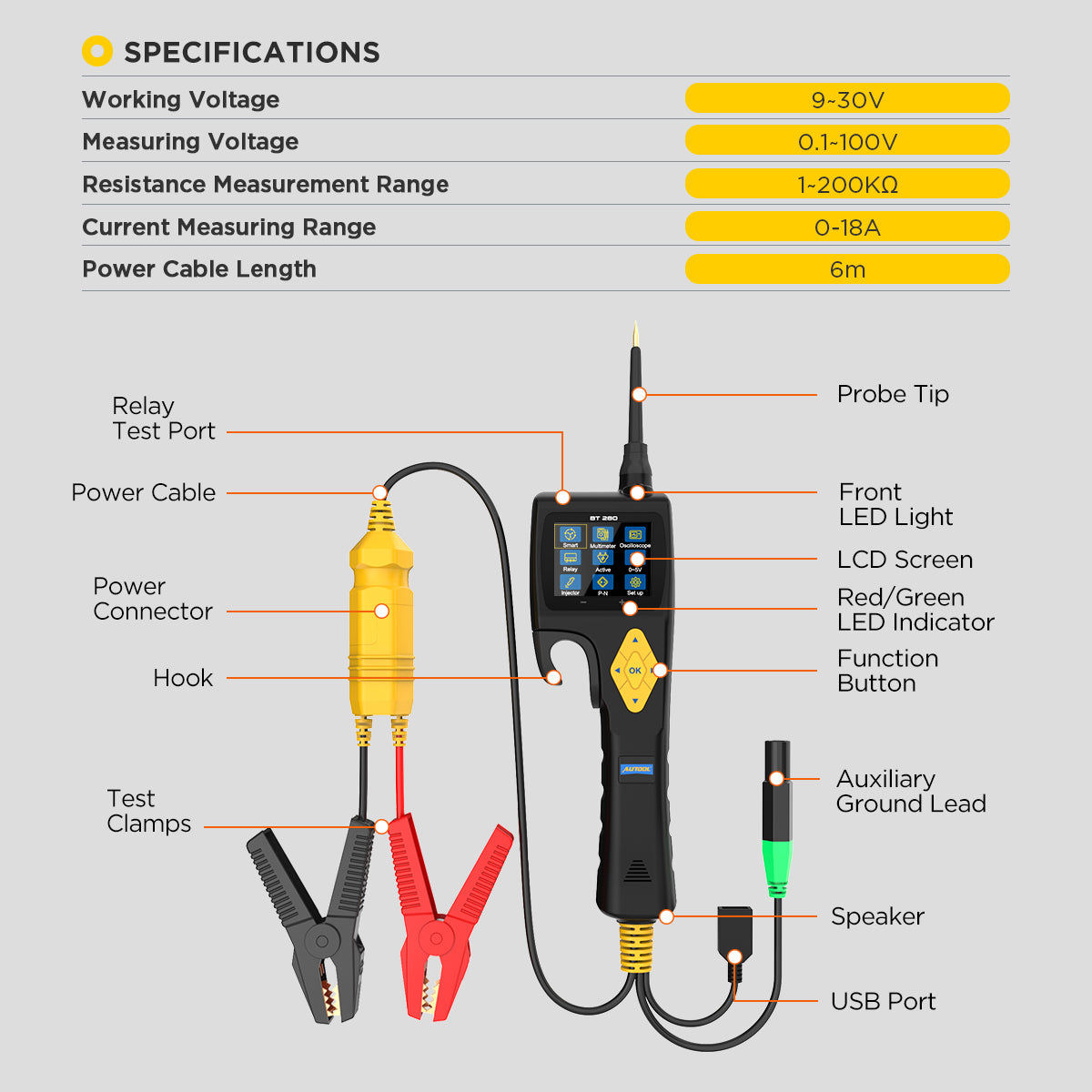 AUTOOL BT280 Car Electrical Circuit Tester with Fuel Injector Tester Power Probe Auto Scanner Electric System Tester